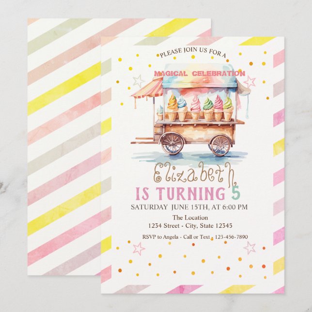 Invitación Camión de helado colorido rayado cumpleaños (Anverso / Reverso)