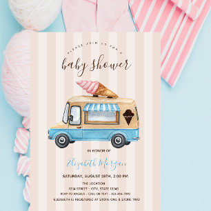 Invitación Camión de helado de acuarela en baby shower a raya