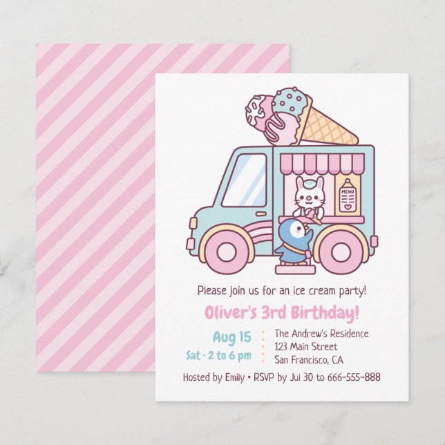 Invitación Camión de helado lindo para fiesta de cumpleaños d (Anverso / Reverso)