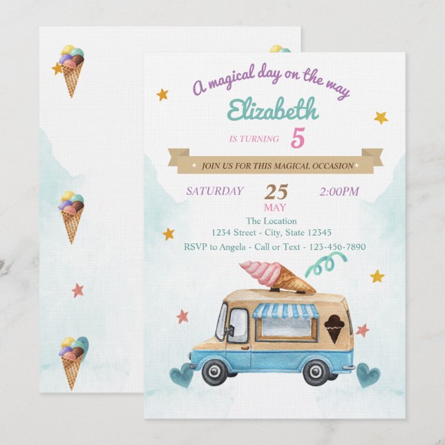 Invitación Camión de helados,Conos, Cumpleaños   (Anverso / Reverso)