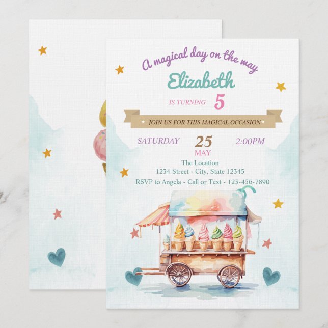 Invitación Camión de helados, Conos, Cumpleaños  (Anverso / Reverso)