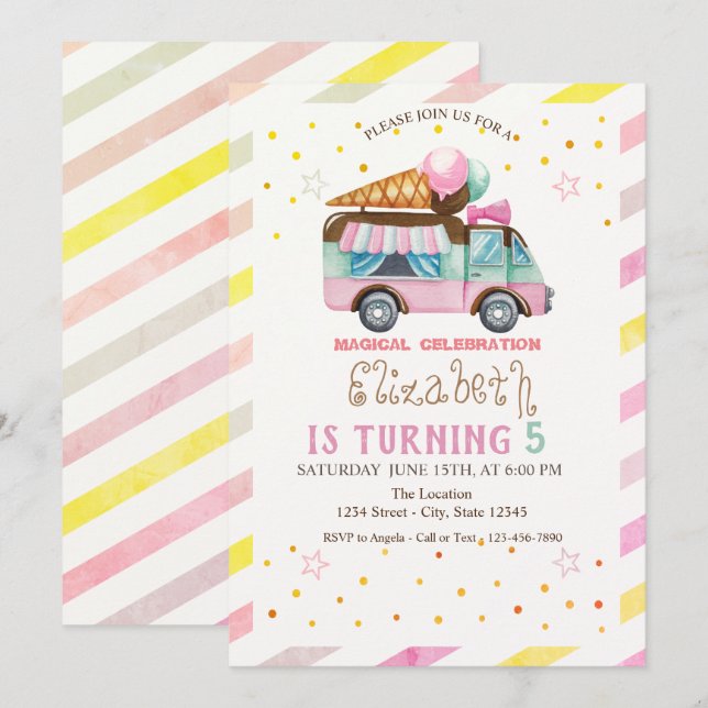 Invitación Camión de helados Cumpleaños rayado (Anverso / Reverso)