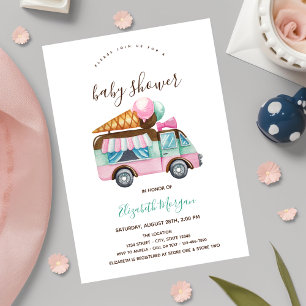 Invitación Camión de Helados de Rayas Rosas Fiesta de Bebé