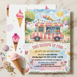 Invitación Camión de helados en acuarela para niñas cumpleañe