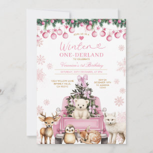 Invitación Camión de invierno rosa Onederland cumpleaños 1 An