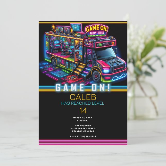 Invitación Camión de juegos de video para cumpleaños de jugad (Anverso de pie)