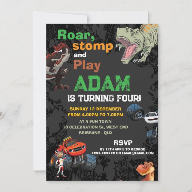 Invitación Camión de Monster y cumpleaños de T Rex Boys (Anverso)