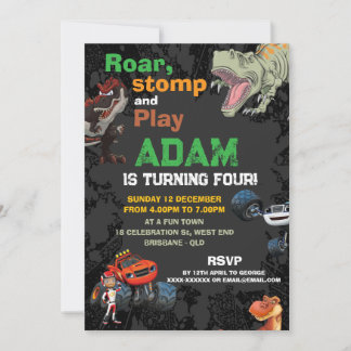 Invitación Camión de Monster y cumpleaños de T Rex Boys
