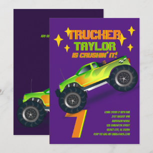 Invitación Camión de monstruo de TI CRUZADO Neon Birthday Par