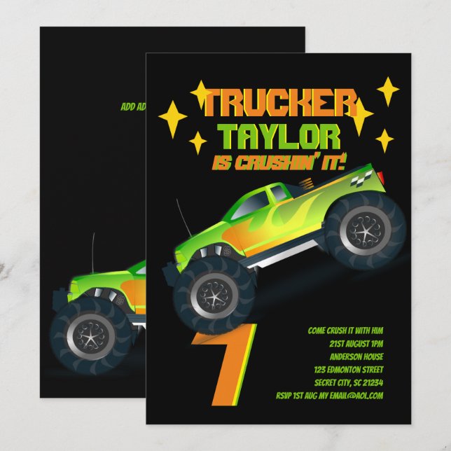 Invitación Camión de monstruo de TI CRUZADO Neon Birthday Par (Anverso / Reverso)