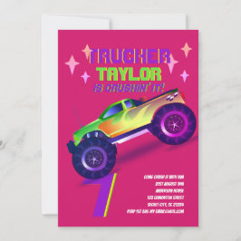 Invitación Camión de monstruo de TI, partido neón de cumpleañ