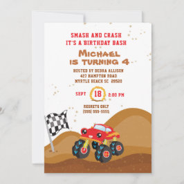 Invitación Camión de Monstruo Rojo 4ª Carreras de cumpleaños