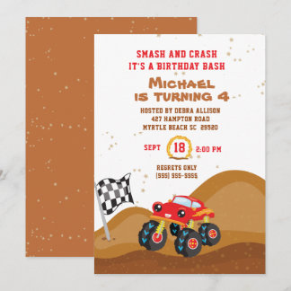 Invitación Camión de Monstruo Rojo 4ª Carreras de cumpleaños