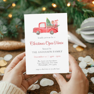 Invitación Camión de Navidad con Acuarela Roja Casa Abierta d