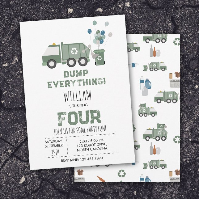 Invitación Camión de reciclaje verde lindo Vehículos para niñ (Cute Green Recycling Truck Boys Vehicles Birthday Invitation)