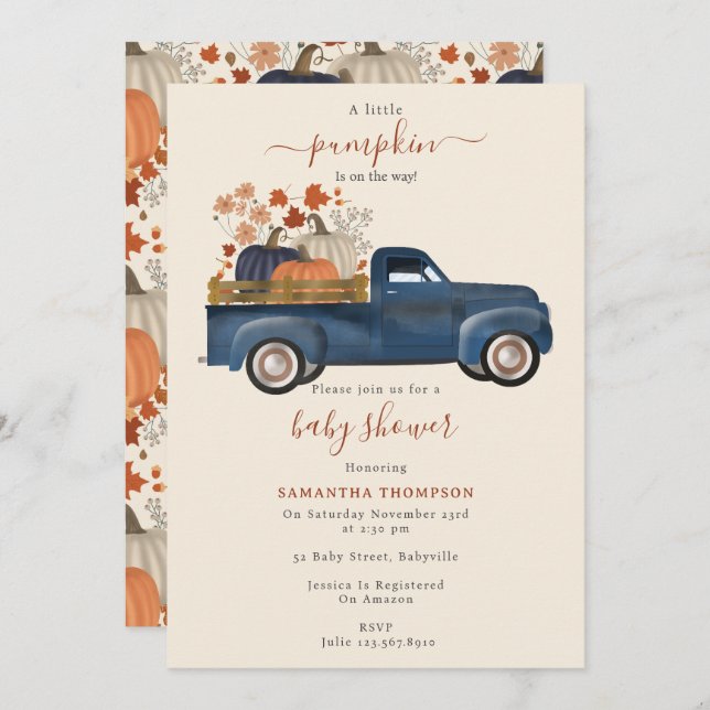 Invitación Camión de recogida de calabaza Cae en otoño niño B (Anverso / Reverso)