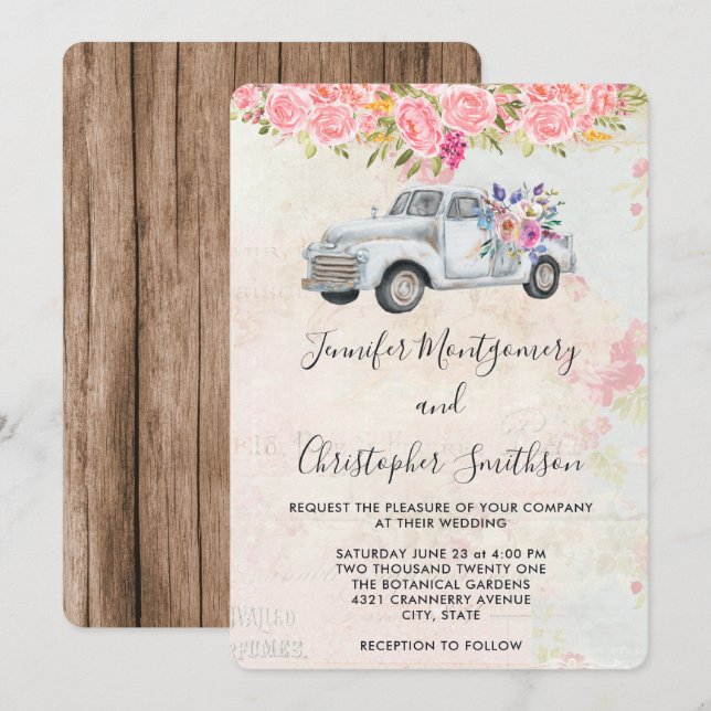 Invitación Camión de recogida y Boda de acuarela rústica con  (Anverso / Reverso)