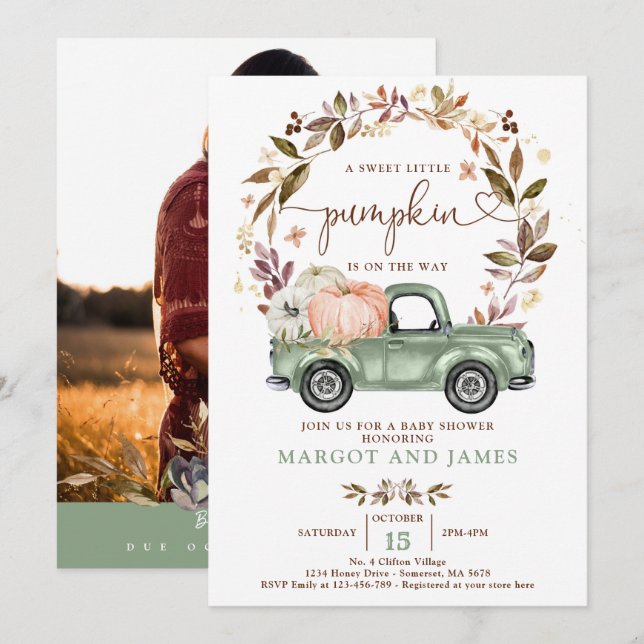 Invitación Camión de recolección de calabaza rusa Baby Shower (Anverso / Reverso)