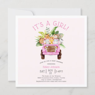 Invitación Camión de Safari de la Jungla Es una Niña Cumple d