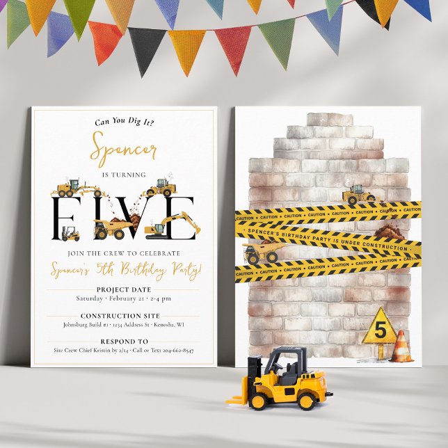 Invitación Camión de vertedero de construcción de cuajo Fiest (Boys fun construction theme party dump trucks digger join the crew FIVE 5th birthday invitation)