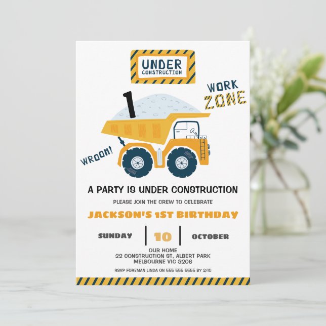 Invitación Camión de zona laboral en construcción Cumpleaños (Anverso de pie)