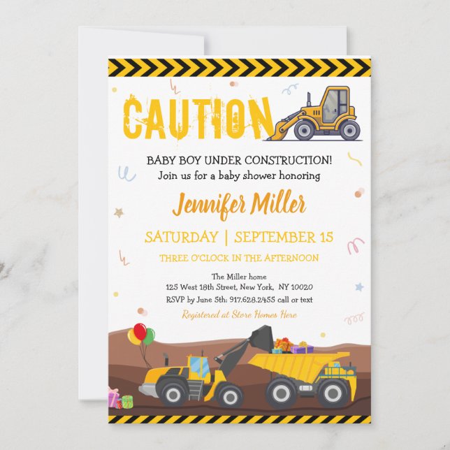 Invitación Camión excavador en construcción Cumpleaños de beb (Anverso)