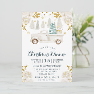 Invitación Camión Floral de Navidad Blanco y Dorado de Invier