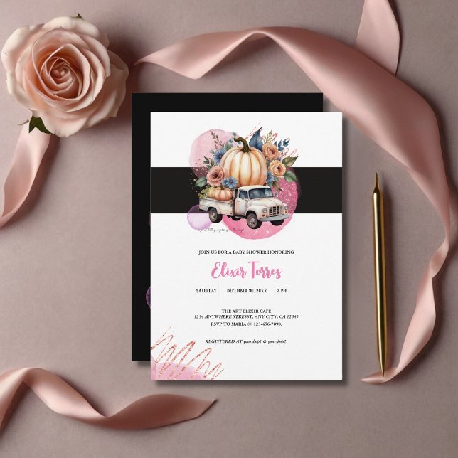 Invitación Camión floral negro de calabaza rosada Baby Shower (Subido por el creador)