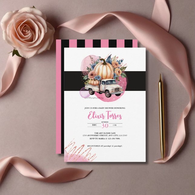 Invitación Camión floral negro de calabaza rosada Baby Shower (Subido por el creador)