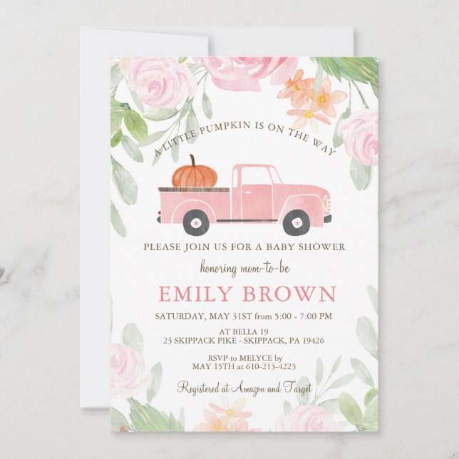 Invitación Camión floral rosa Pequeño CHICA PUMPKIN BABY SHOW (Anverso)