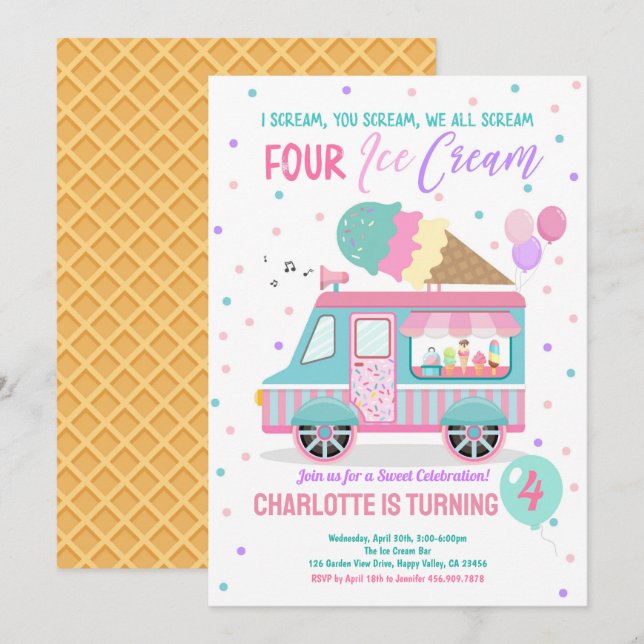 Invitación Camión helado cuatro helados por cuarto cumpleaños (Anverso / Reverso)