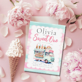 Invitación Camión helado primer cumpleaños dulce rosa