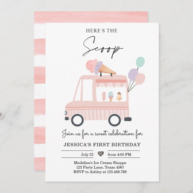 Invitación Camión helado primer cumpleaños Invitar a Scoop ro (Anverso / Reverso)