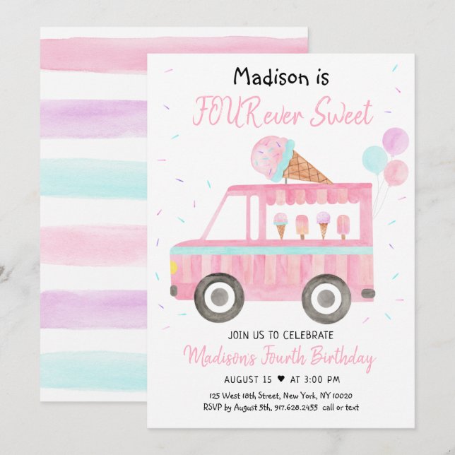 Invitación Camión moderno con crema de hielo CUATRO cumpleaño (Anverso / Reverso)