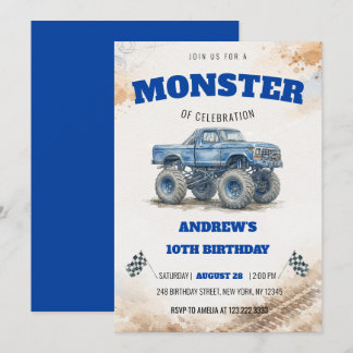 Invitación Camión Monstruo Azul de Acuarela Moderna Cumpleaño