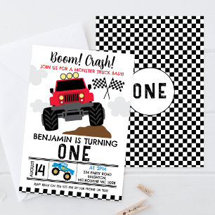 Invitación Camión Monstruo Azul Rojo Primer Cumpleaños