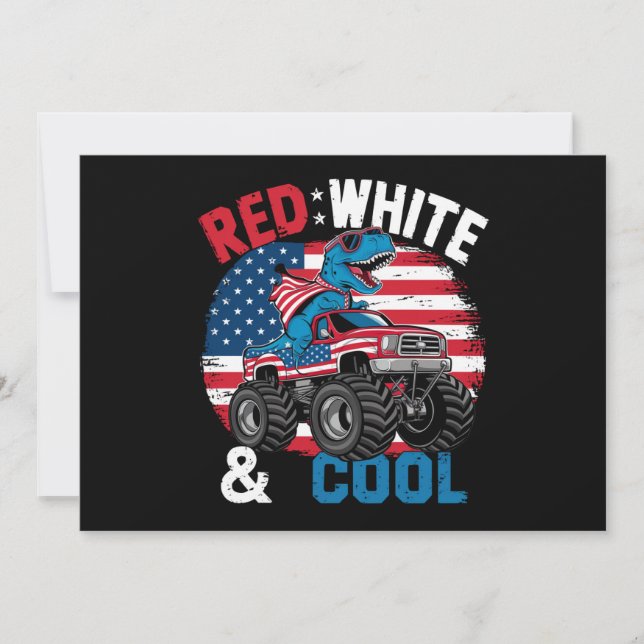 Invitación Camión Monstruo De Dinosaurio Dino 4 De Julio Band (Anverso)