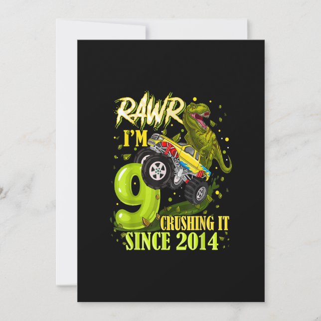 Invitación Camión Monstruo de Dinosaurio Trex de 9 años 9 Nac (Anverso)