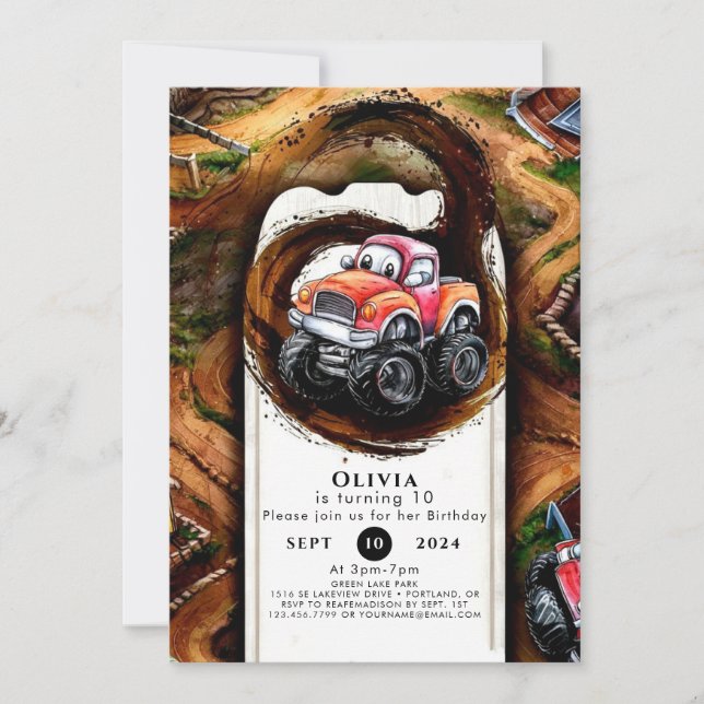 Invitación Camión Monstruo de Ruedas Pastel Cumpleaños (Anverso)