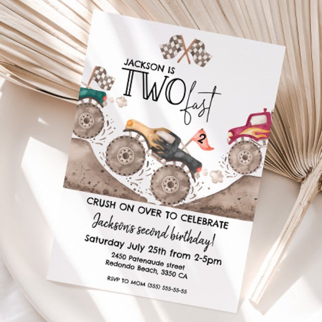 Invitación Camión Monstruo DOS RÁPIDO cumpleaños infantil 2do (Monster truck two fast birthday invitation)