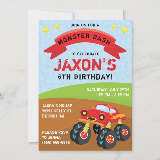 Invitación Camión monstruo, fiesta de cumpleaños de Monster B (Anverso)
