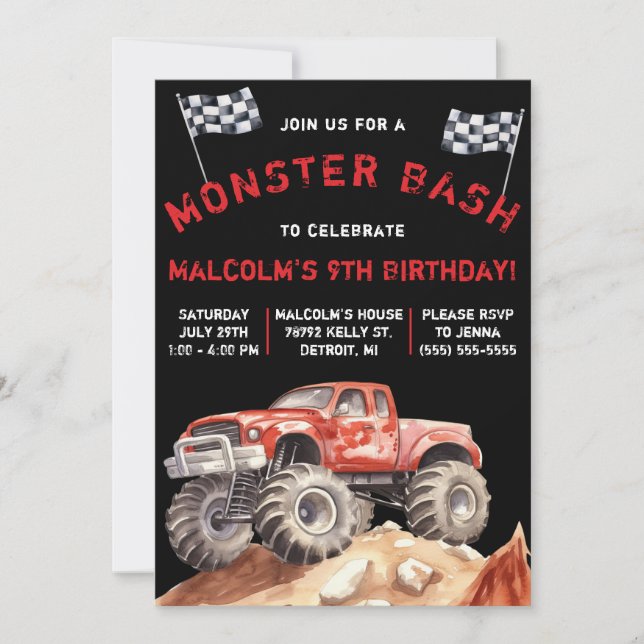Invitación Camión monstruo, fiesta de cumpleaños de Monster B (Anverso)