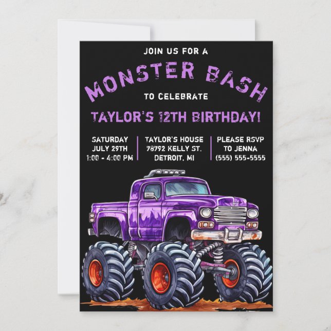 Invitación Camión monstruo, fiesta de cumpleaños de Monster B (Anverso)