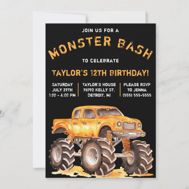 Invitación Camión monstruo, fiesta de cumpleaños de Monster B (Anverso)