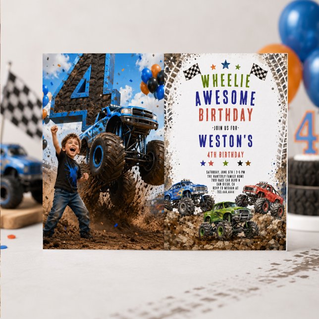 Invitación Camión Monstruo Increíble Cumpleaños 4 Niño  (Wheelie Awesome Monster Truck 4Th Birthday boy Invitation
)