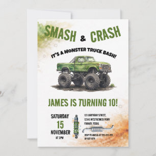 Invitación Camión Monstruo Smash & Crash Acuarela Cumpleaños