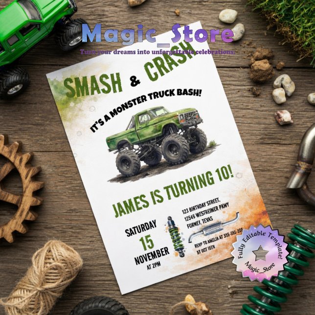 Invitación Camión Monstruo Smash & Crash Acuarela Cumpleaños (Subido por el creador)