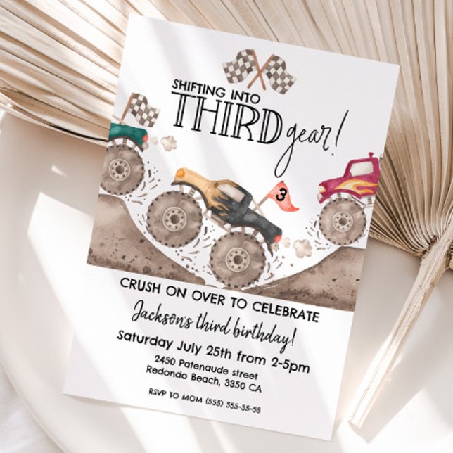 Invitación Camión Monstruo THIRD Gear cumpleaños 3 años niños (Monster truck third gear birthday invitation)