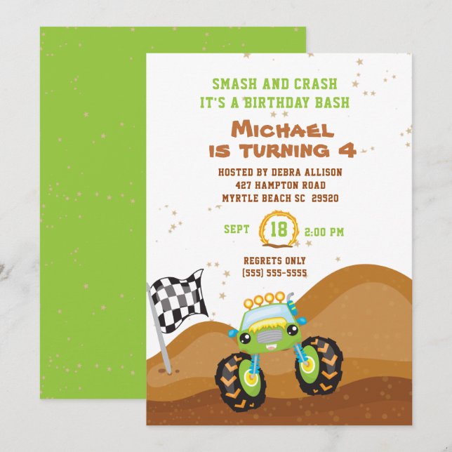 Invitación Camión Monstruo Verde 4ª Carreras de cumpleaños (Anverso / Reverso)