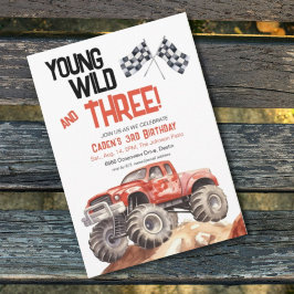 Invitación Camión negro rojo Monstruo 3 cumpleaños